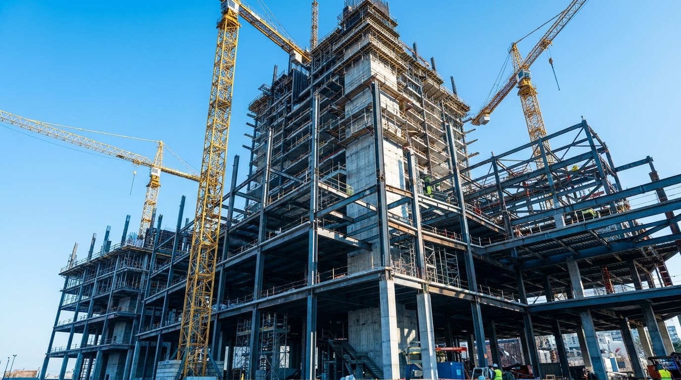 Construction site with cranes and steel structure